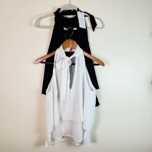 Zara Womens Tiered Black White Tops Chiffon Sheer Front Tie VNeck Small Bundle